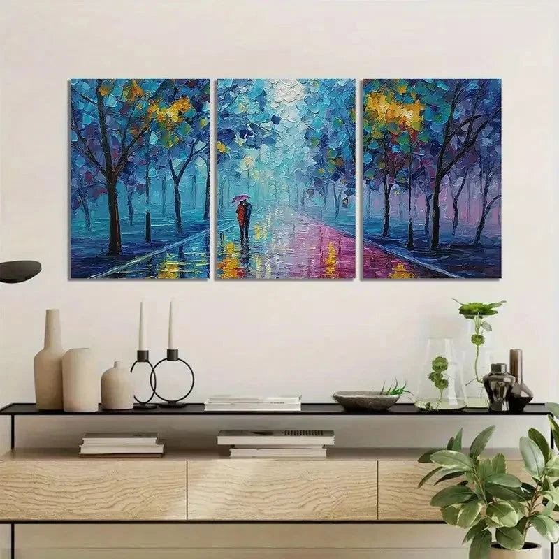 3pcs Abstract Cityscape with Golden & Teal Accents Metal Print Ready to Hang Art
