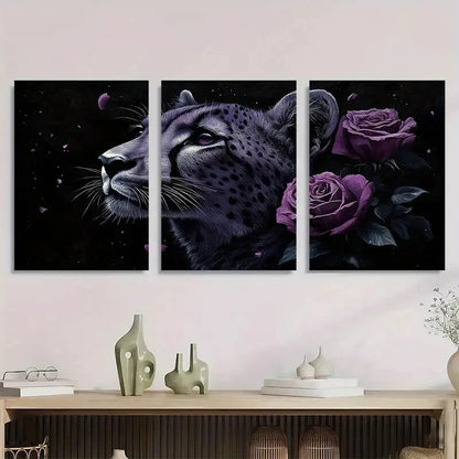 3pcs Leopard & Purple Rose Black White and Gray Metal Print Ready to Hang Art