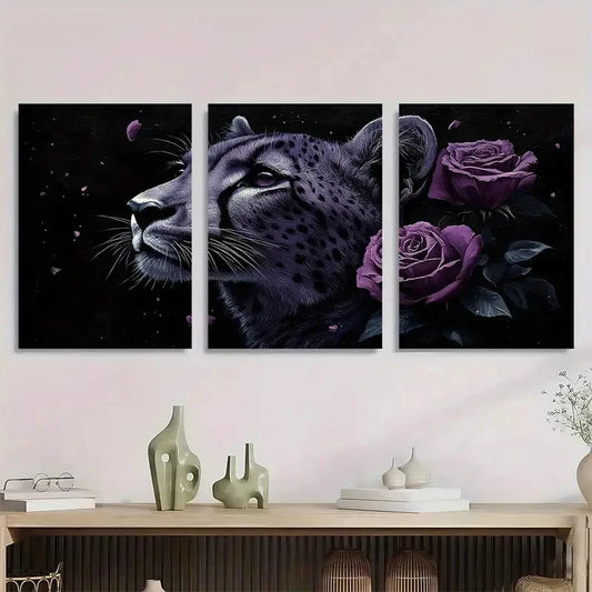 3pcs Leopard & Purple Rose Black White and Gray Metal Print Ready to Hang Art