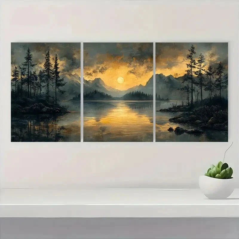3pcs Panoramic Nature Sketch Black Poster Metal Print Ready to Hang Art