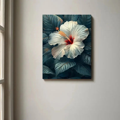 Canvas print of a white flower with red center on a dark green leaf background, hanging on a wall.