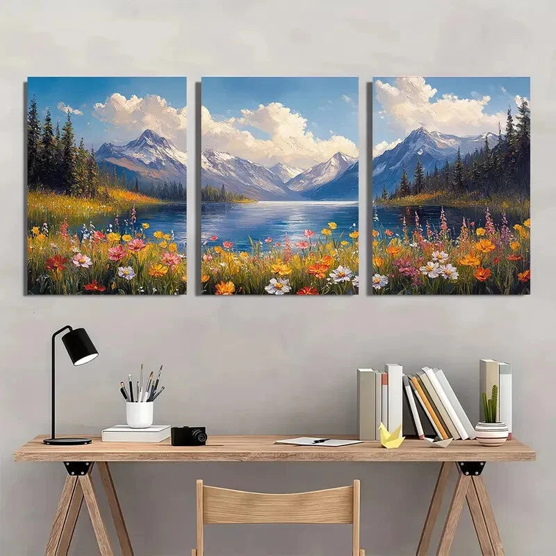 3pcs Nature-Inspired Alpine Wildflower Landscape Metal Print Ready to Hang Art