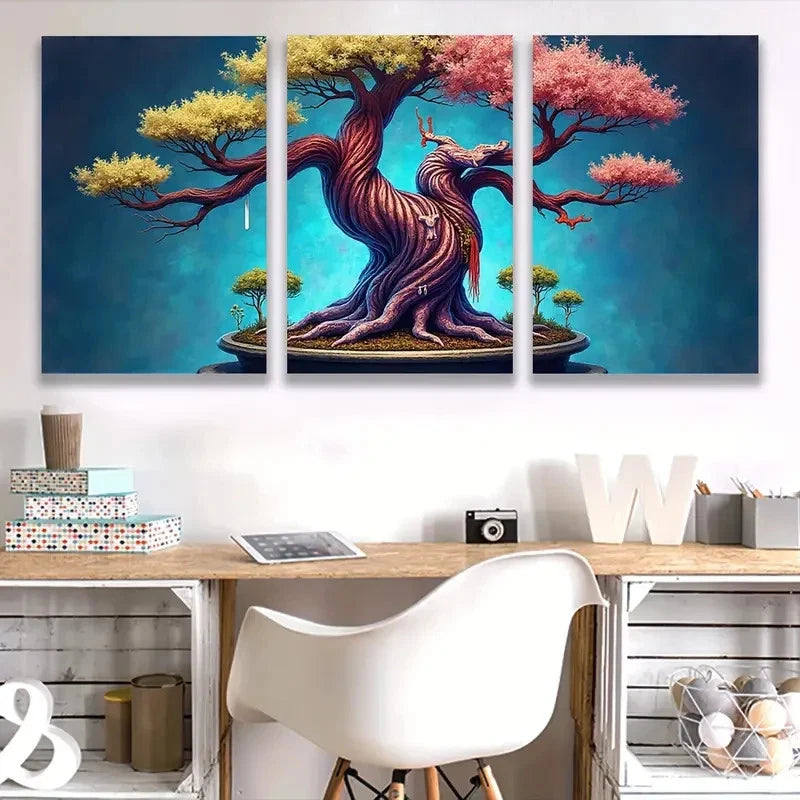 3pcs Yellow, Pink & Purple Blossoms Bonsai Tree Wall Art Set Canvas Framed 60x90cm - High Quality Print 100% Australian Made Wall Canvas Ready to Hang
