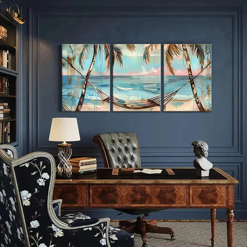 3pcs Palm Trees Hammock Ocean View Sunset Metal Print Ready to Hang Art
