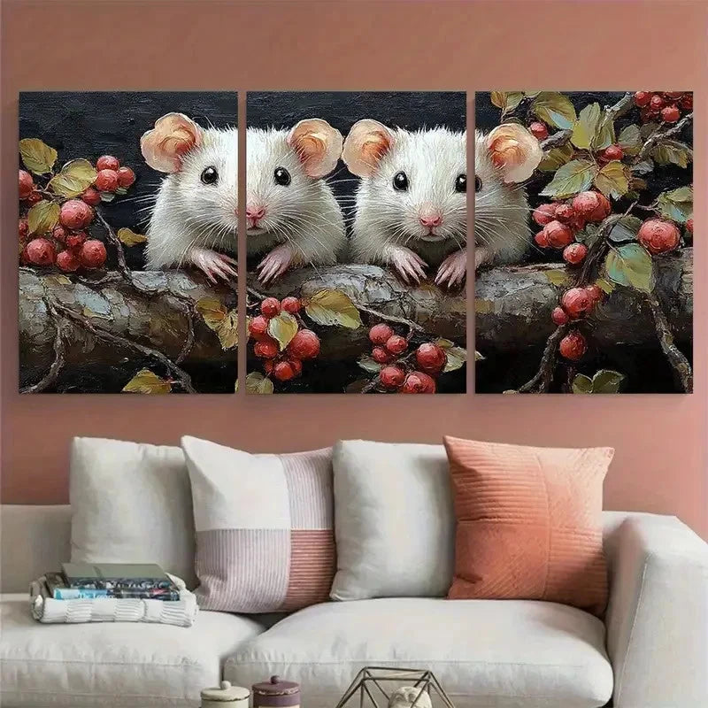 3pcs White Rats with Fruits Animal Illustration Metal Print Ready to Hang Art