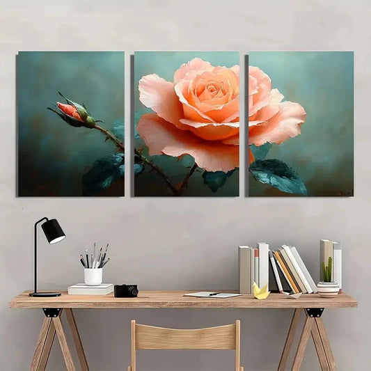 3pcs Vibrant Orange & Pink Roses with Green Leaves Metal Print Ready to Hang Art
