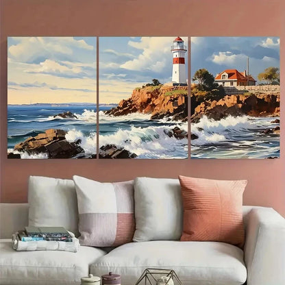 3pcs Scenic Lighthouse Coastal Landscape Metal Print Ready to Hang Art
