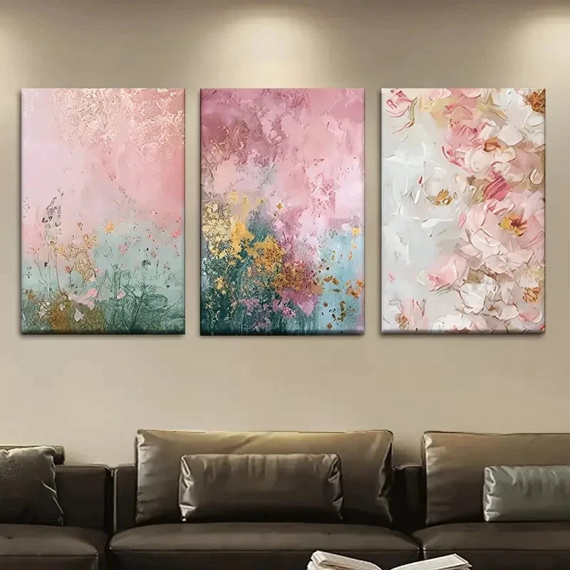 3pcs Elegant Pink & Peach Blossoms in Full Bloom Metal Print Ready to Hang Art