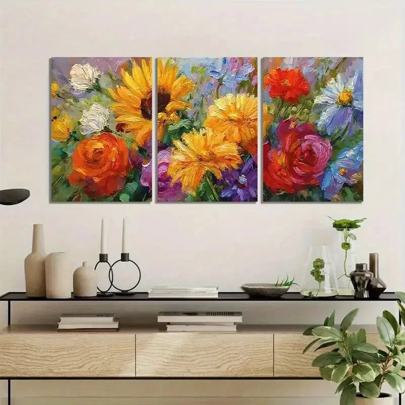 3pcs Retro Art Painting of Colorful Flower Metal Print Ready to Hang Art