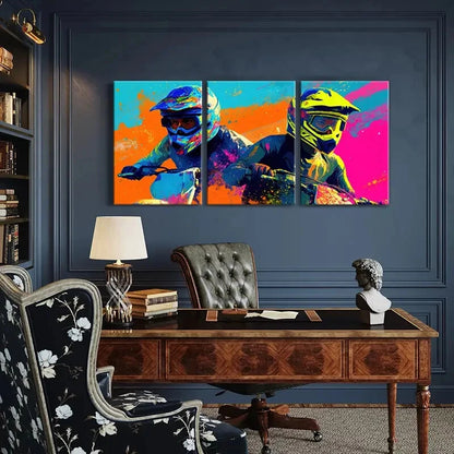 3pcs Vibrant Motocross Riders Colorful Splash Metal Print Ready to Hang Art