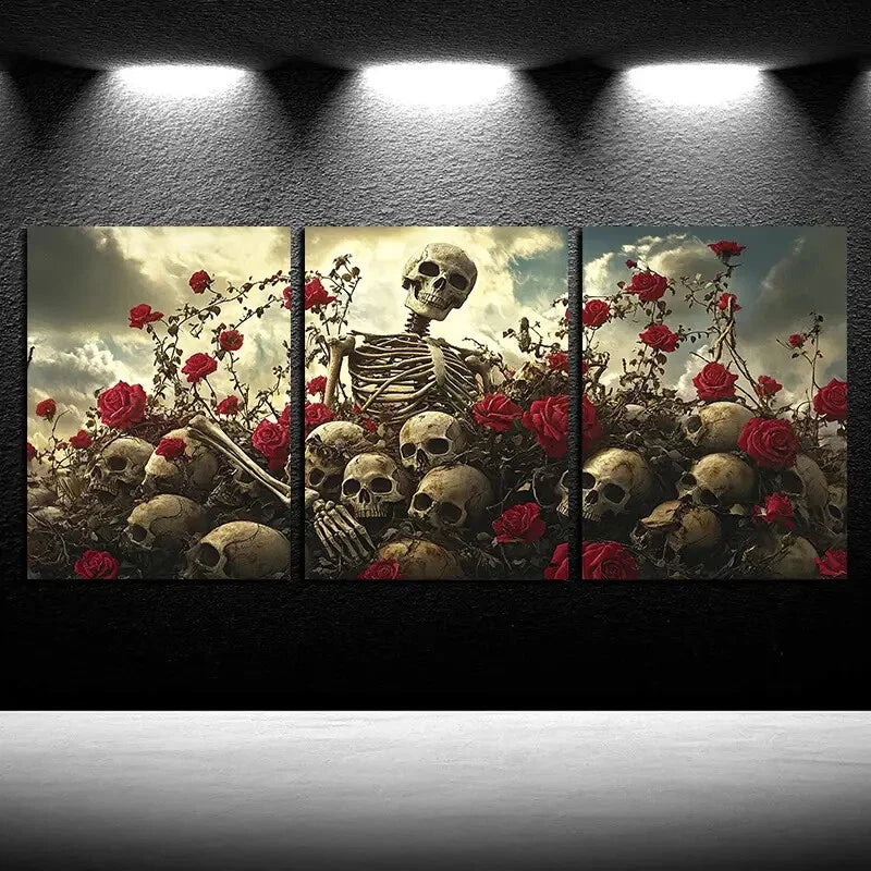 3pcs Skeleton Amidst Blooming Roses, Gothic Floral Metal Print Ready to Hang Art