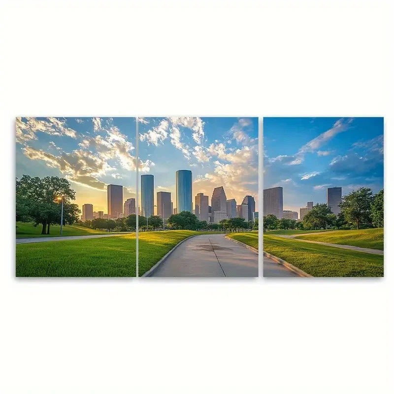 3pcs Houston Skyline with Lush Greenery Metal Print Ready to Hang Art