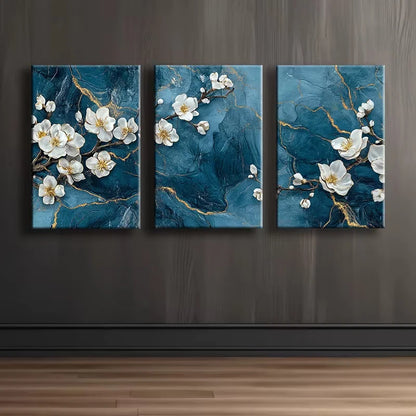 3pcs Blue Cherry Blossom Floral Design Wall Art Set Canvas Framed 50x70cm - High Quality Print 100% Australian Made Wall Canvas Ready to Hang