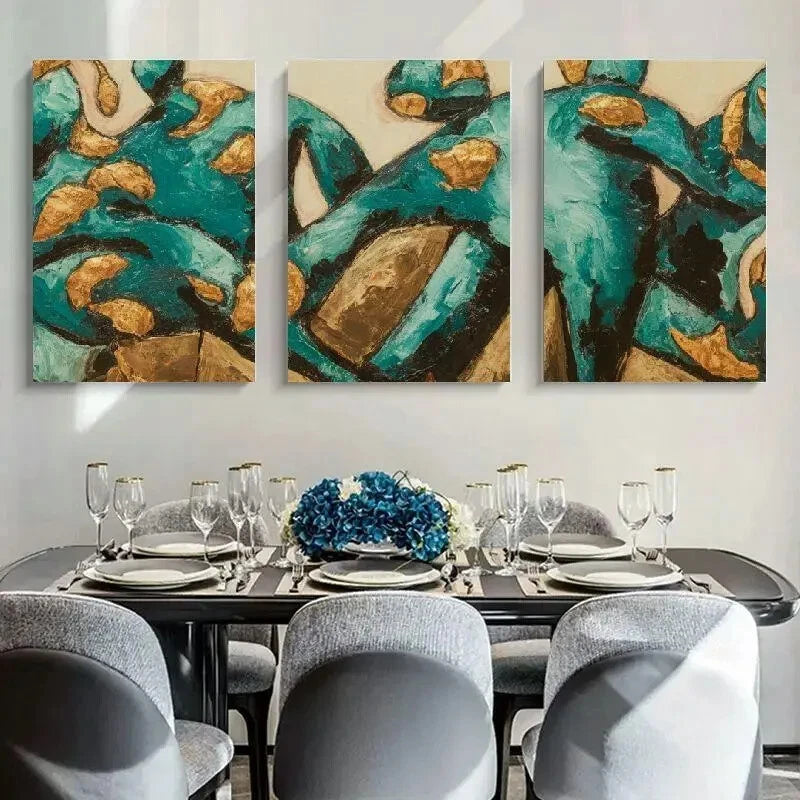 3pcs Abstract Teal & Golden Modern Metal Print Ready to Hang Art