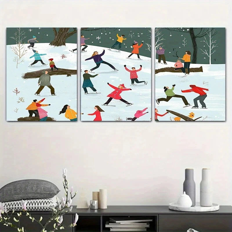 3pcs Family Winter Skating Happiness Metal Print Ready to Hang Art