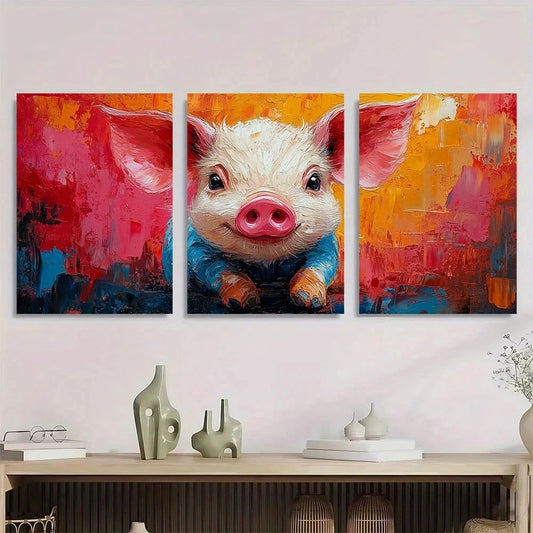 3pcs Painting Cute Pig Colourful Pink Metal Print Ready to Hang Art