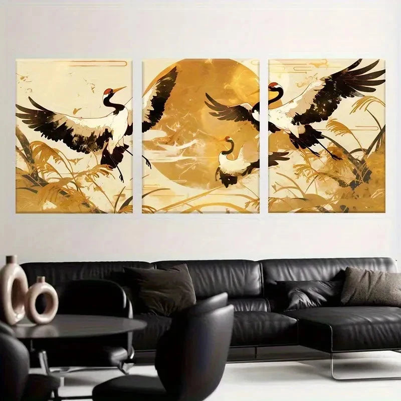 3pcs Traditional Chinese Golden Red-Headed Cranes Metal Print Ready to Hang Art