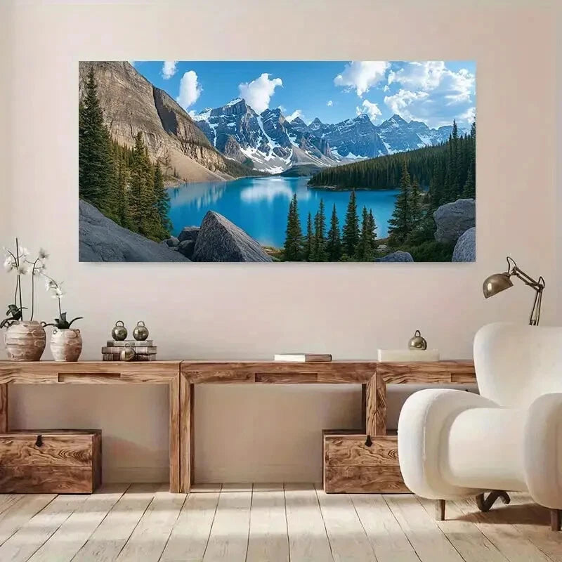 Snowy Peaks Trees Lake wall canvas office home room framed 120x60cm - Bella Home Decor