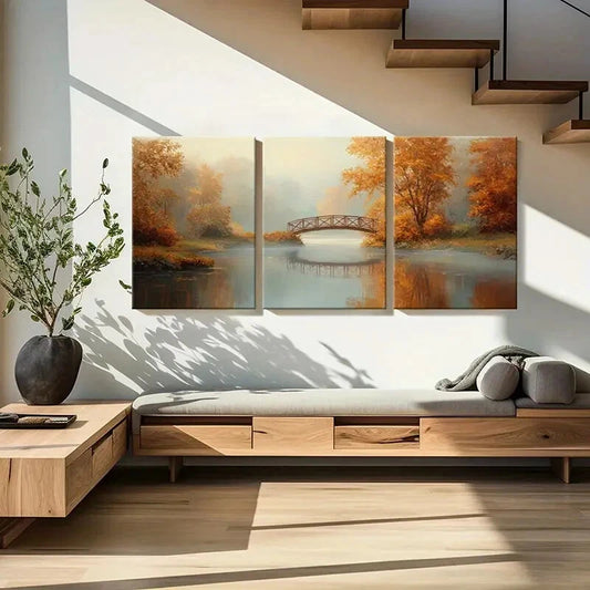 3pcs Autumn Scenery Bridge Reflection Metal Print Ready to Hang Art
