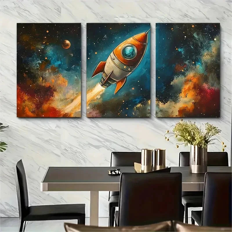 3pcs Whimsical SciFi Childrens Space Rocket Art Metal Print Ready to Hang Art