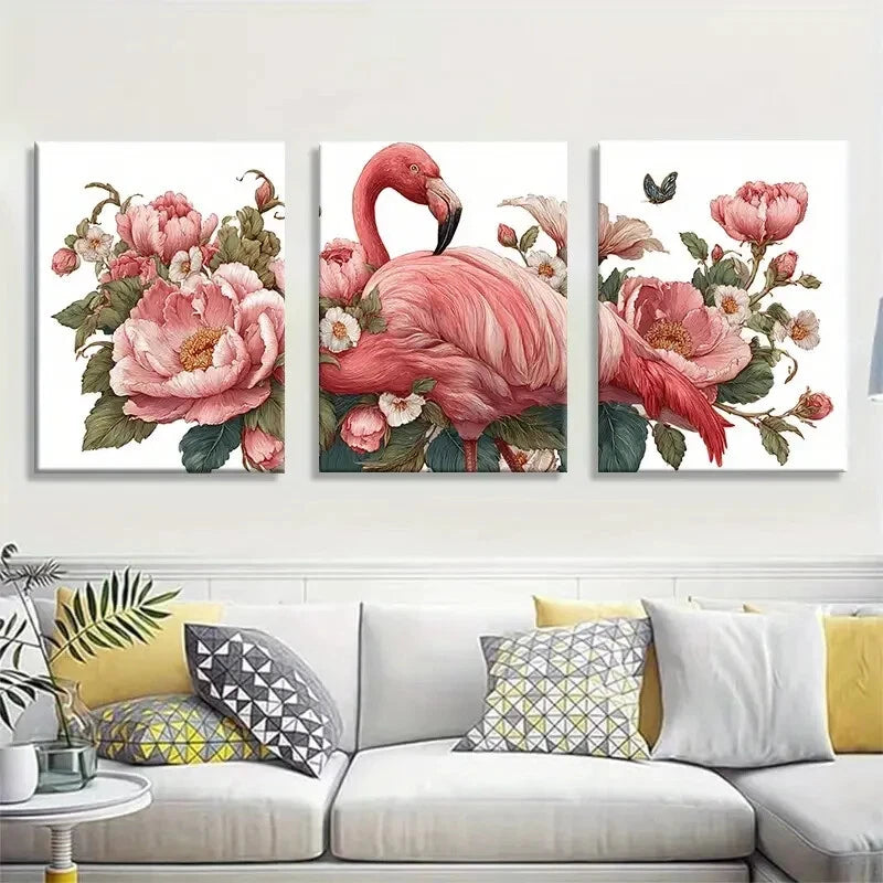 3pcs Flamingo and Peony Pink Floral Wall Art Metal Print Ready to Hang Art