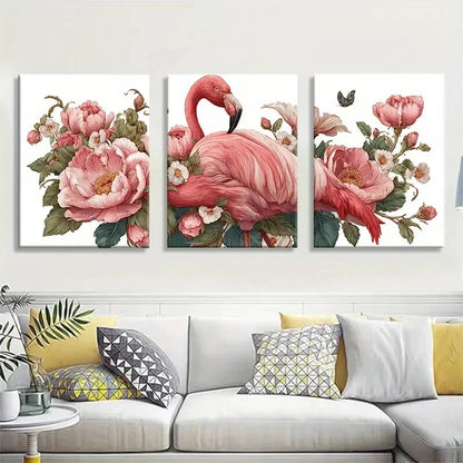 3pcs Flamingo and Peony Pink Floral Wall Art Metal Print Ready to Hang Art