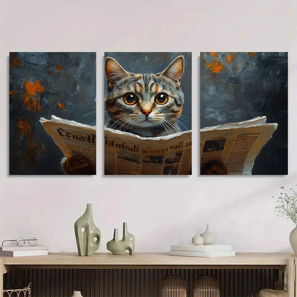 3pcs Cat on Toilet Reading Newspaper Metal Print Ready to Hang Art