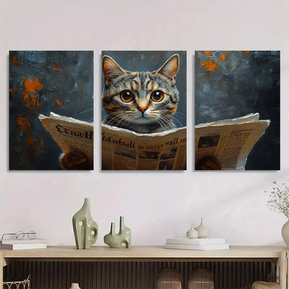 3pcs Cat on Toilet Reading Newspaper Metal Print Ready to Hang Art