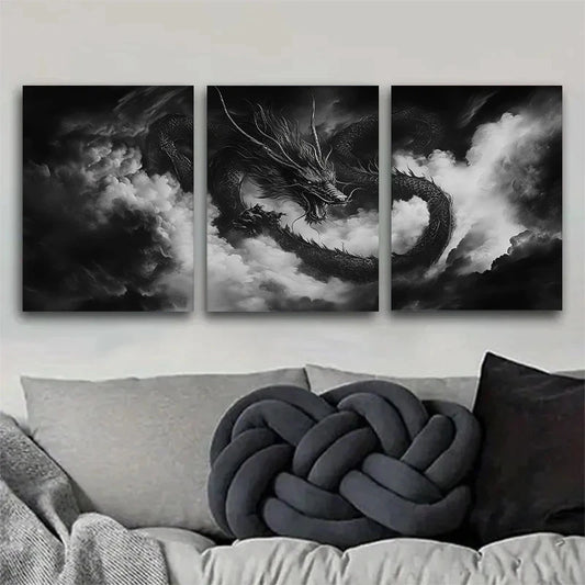 3pcs Black and White Dragon Majestic Cloud Metal Print Ready to Hang Art