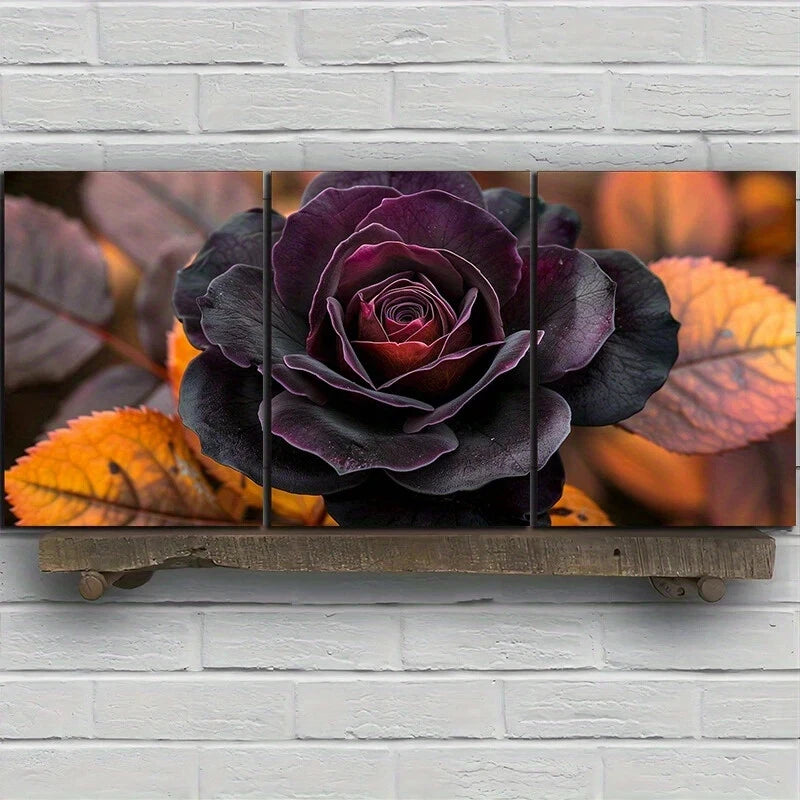 3pcs Purple Rose Floral Golden Leaves Metal Print Ready to Hang Art