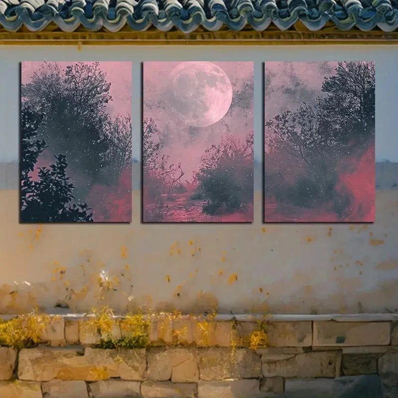 3pcs Mystical Dark Road and Moon Scene Metal Print Ready to Hang Art