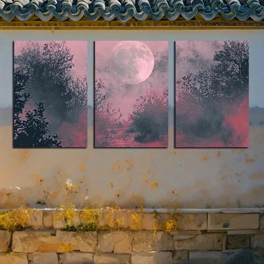 3pcs Mystical Dark Road and Moon Scene Metal Print Ready to Hang Art