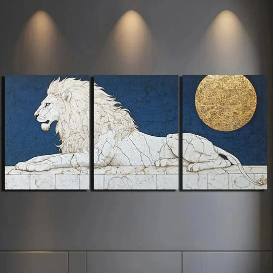 3pcs Featuring Majestic Lion and Golden Moon Metal Print Ready to Hang Art