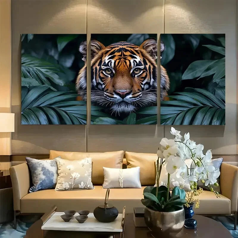 3pcs Bengal Tiger Stealthily Hiding In Rainforest Metal Print Ready to Hang Art