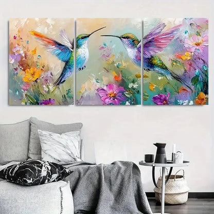 3pcs Colorful Hummingbirds in Blooming Garden Metal Print Ready to Hang Art