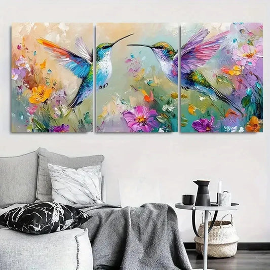 3pcs Colorful Hummingbirds in Blooming Garden Metal Print Ready to Hang Art