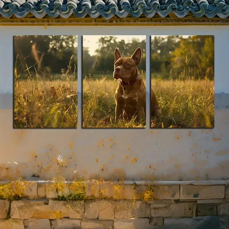 3pcs Bulldog in Field Illustration Metal Print Ready to Hang Art