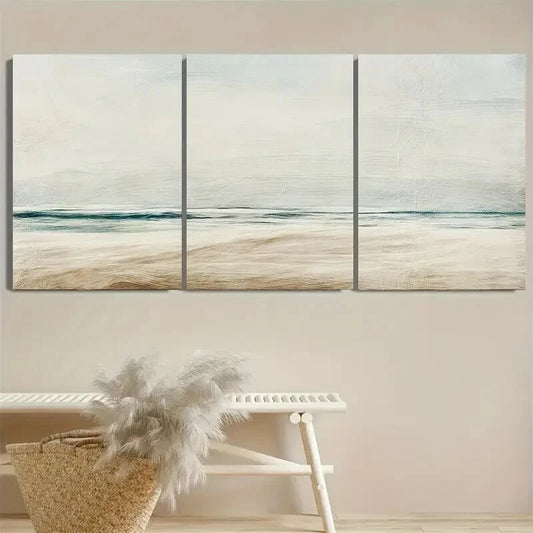 3pcs Beige and Light Blue Minimalist Neutral Sea Metal Print Ready to Hang Art