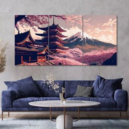 3 Piece Beautiful Mount Fuji Japanese Temple Canvas Framed 60x90 cm - High Quality Print 100% Australian Made Wall Canvas Ready to Hang