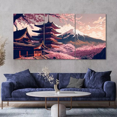 3 Piece Beautiful Mount Fuji Japanese Temple Canvas Framed 60x90 cm - High Quality Print 100% Australian Made Wall Canvas Ready to Hang