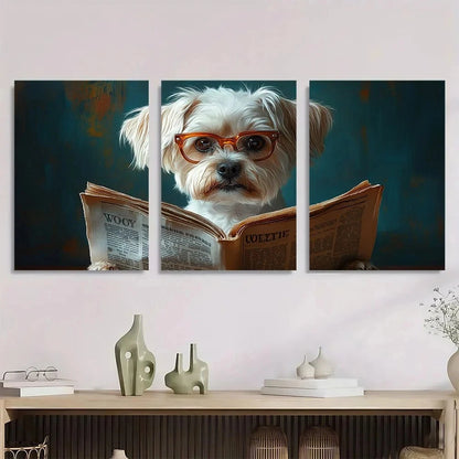 3pcs White Maltese Dog Reading Woof Newspaper Metal Print Ready to Hang Art