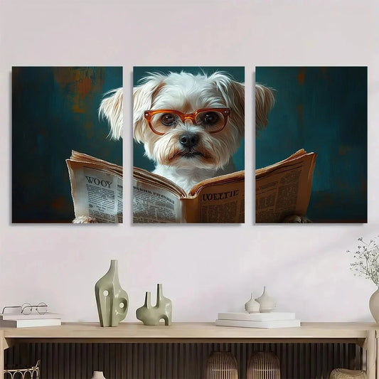 3pcs White Maltese Dog Reading Woof Newspaper Metal Print Ready to Hang Art