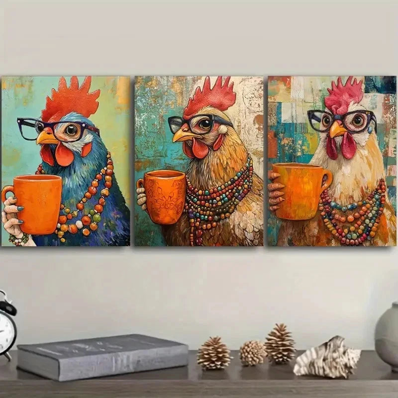 3pcs Featuring Hens Wearing Glasses Metal Print Ready to Hang Art
