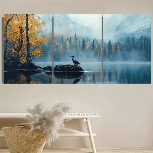 3pcs Serene Lake, Golden-Yellow Leaves Wall Art Set Canvas Unframed - High Quality Print 100% Australian Made Wall Canvas