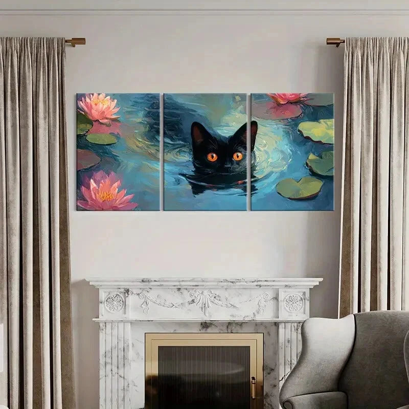 3pcs Black Cat Water Lilies Abstract Art Metal Print Ready to Hang Art