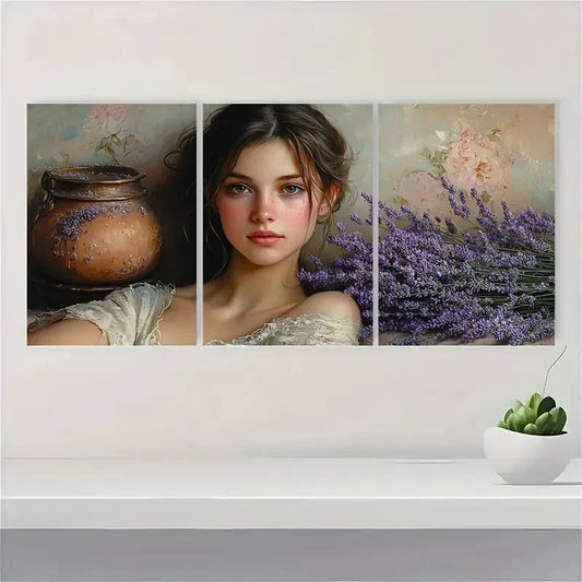 3pcs The Lavender Girl Fine Giclée Perfect Wall Art Set Canvas Framed 40x60cm - High Quality Print 100% Australian Made Wall Canvas Ready to Hang