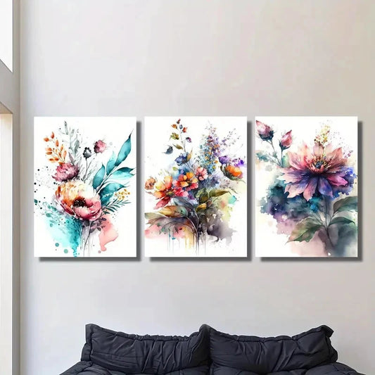 3pcs Bouquet of watercolor colorful flowers iso Metal Print Ready to Hang Art