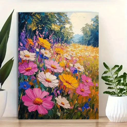 Beautiful Sun Floral Meadow Landscape Painting 60x90cm Metal Print Ready to Hang