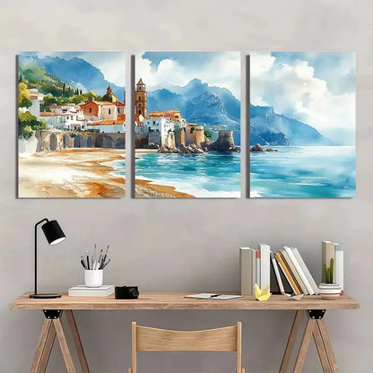 3pcs Atrani Scenic Beach & Mountain View Metal Print Ready to Hang Art