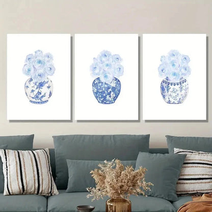 3pcs Chinese watercolor blue rose vase, Metal Print Ready to Hang Art
